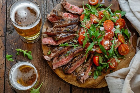 Vintage style flank steak with tomato salad and beer top view with selective focus