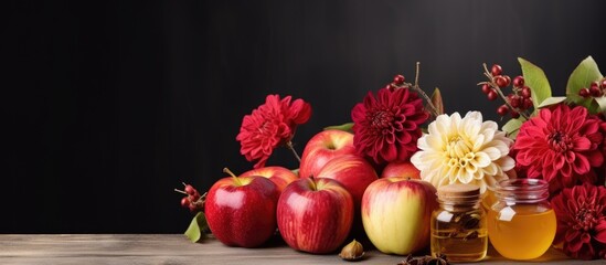 Fototapeta premium Apples and dahlias with honey and cinnamon
