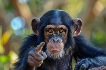 inquisitive chimpanzee points with knowing gaze wildlife animal portrait