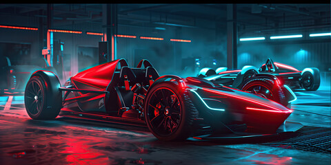 A modern electric race car sits inside a high-tech garage, showcasing cutting-edge technology and sleek design. - 782244472
