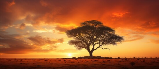 Tree stands amidst field at sunset