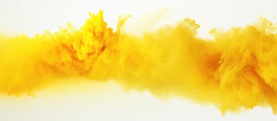 Yellow powder in motion on white backdrop - obrazy, fototapety, plakaty