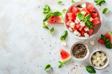 Fototapeta na wymiar Watermelon and feta salad with basil on white board horizontal layout copy space