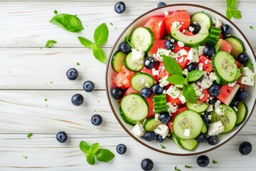 Watermelon salad with cucumber blueberries and feta cheese on a white wood background - obrazy, fototapety, plakaty