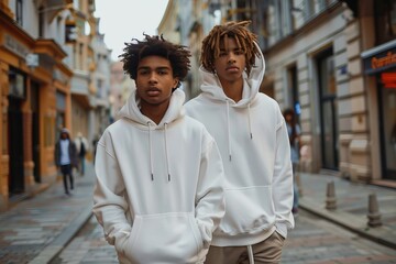Obraz premium Two young men in white hoodies stroll down the city street