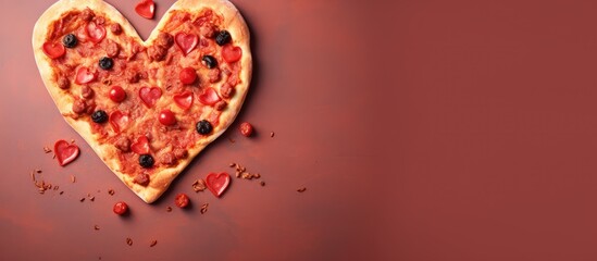 Heart-shaped pizza adorned with various toppings