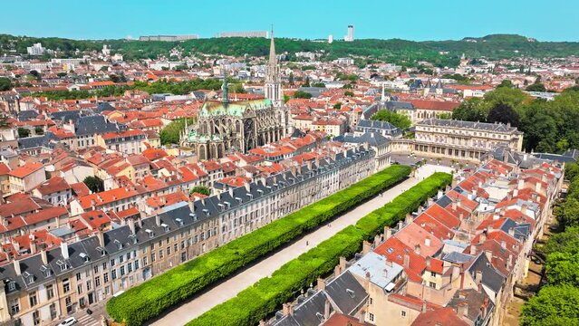 Aerial view of the French-style cathedral and square in Nancy, France. Basilica of Saint Epvre of Nancy in France.