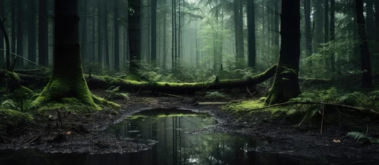 Fotobehang A serene creek amidst lush, moss-covered trees © HN Works