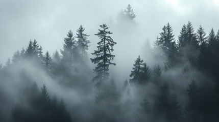 Misty forest with silhouette of trees at dawn