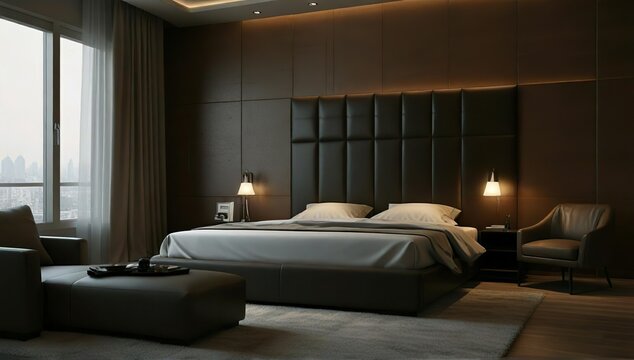 interior. Of bed room with leather back ground 
