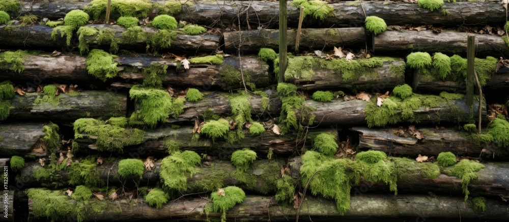 Aufkleber stack of logs with moss