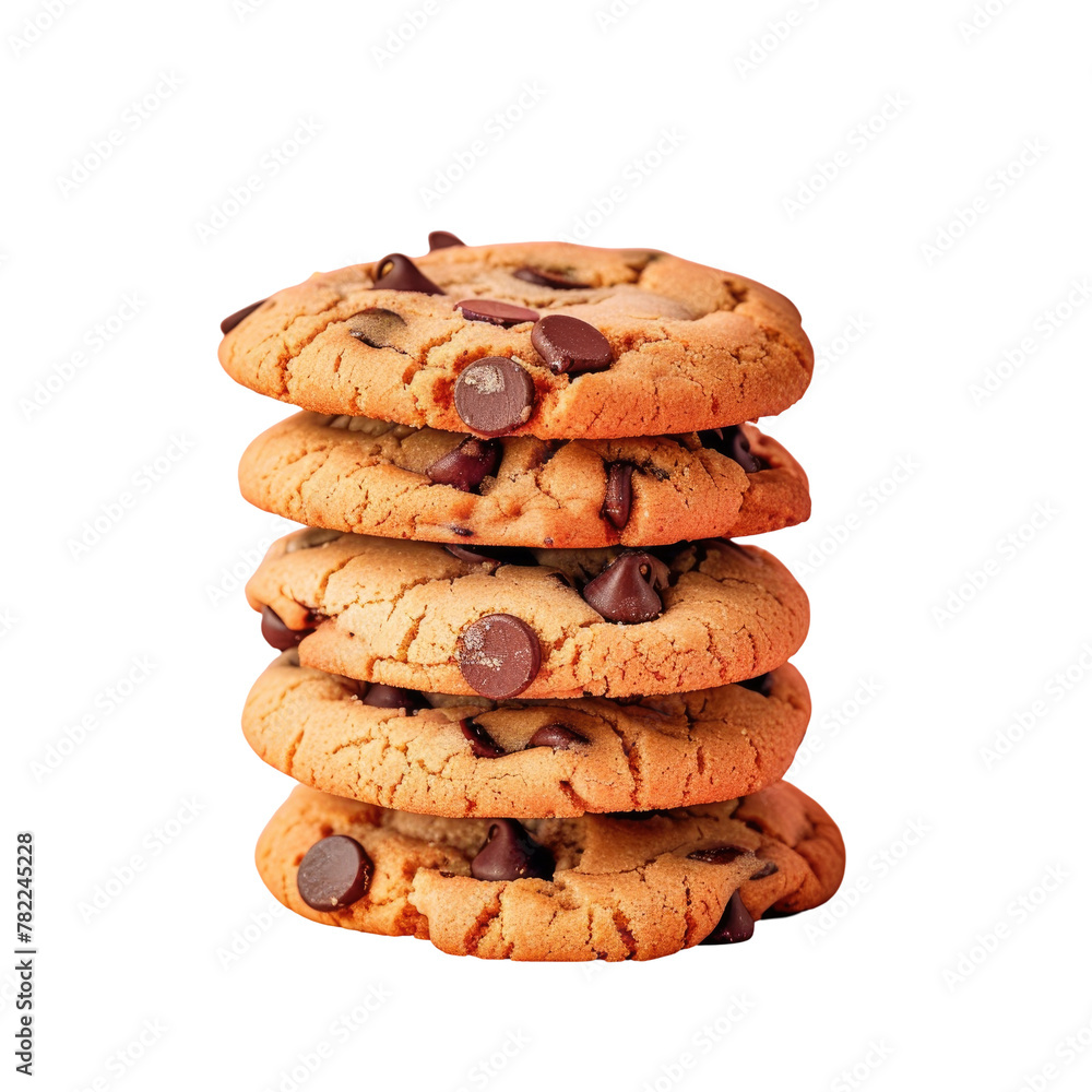 Poster a close up of a stack of chocolate chip cookies on a transparent background