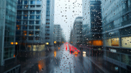 Rainy cityscape through a wet window - obrazy, fototapety, plakaty