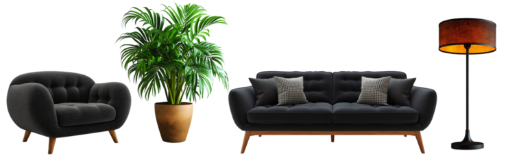 Fabric sofa black with the ceramic plant pot. Antique style floor lamp isolated cutout object with transparent or white background.