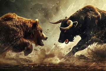 fierce battle between brown bear and black bull stock market concept digital art - obrazy, fototapety, plakaty