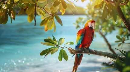 A parrot perched on a lush, tropical branch, offering a vibrant backdrop for fun summer sale