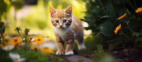 Naklejka na ściany i meble Small kitten in grass by flowers