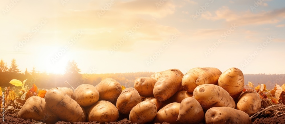 Poster potatoes stacked in a rustic field
