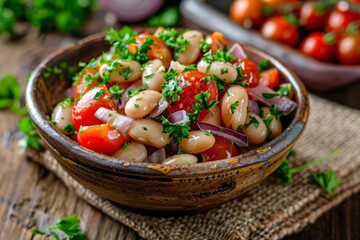White bean salad with cherry tomatoes onion and parsley on wood background