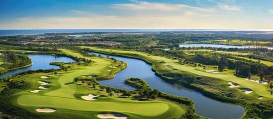 A serene golf scene with lush greenery and a tranquil lake