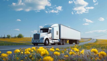 White day cab semi truck transporting commercial cargo in long box dry van semi trailer on scenic summer road with yellow flowers