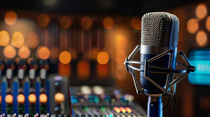 Professional studio microphone with musician blurred