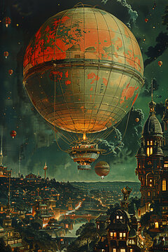 Retro-futuristic fantasy early '900: hot air balloon travel in the night over an illuminated city