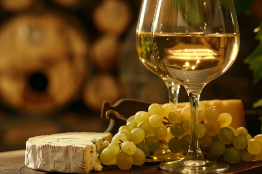 White wine served with cheese and grapes in a nice glass