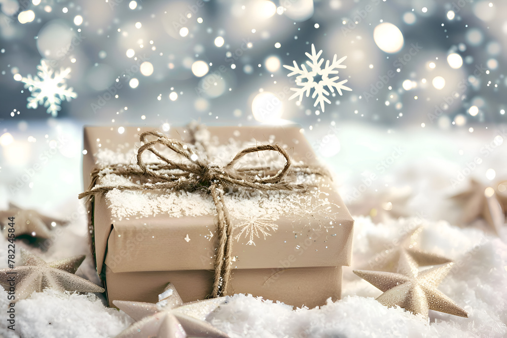 Poster a brown box with a white bow sits on top of a snowflake. concept of warmth and joy, as the box repre
