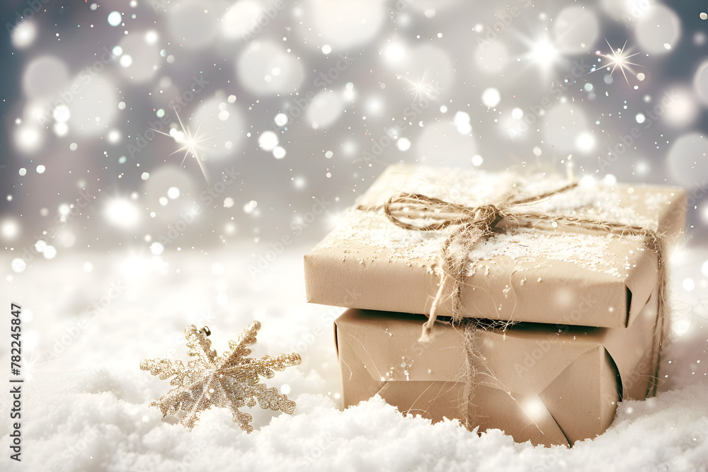 Poster a brown box with a white bow sits on top of a snowflake. concept of warmth and joy, as the box repre