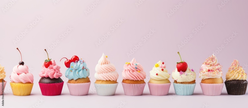 Poster A row of assorted cupcakes with varied toppings