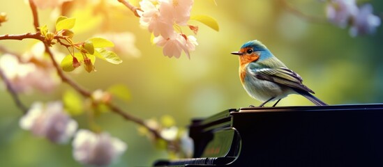 Bird perched on piano basking in sunlight