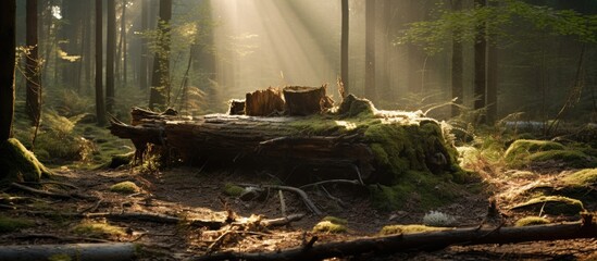 Sunlight filtering through forest trees with fallen logs