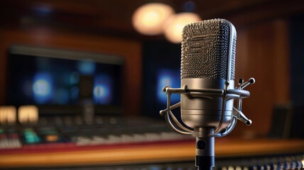 Professional studio microphone with musician blurred