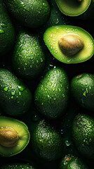 Fresh avocados with water droplets close-up