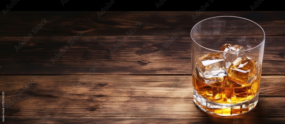 Poster glass of whiskey with ice on an oak table