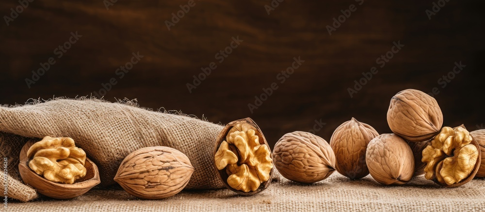 Poster walnuts in burlap sack and group of shelled walnuts