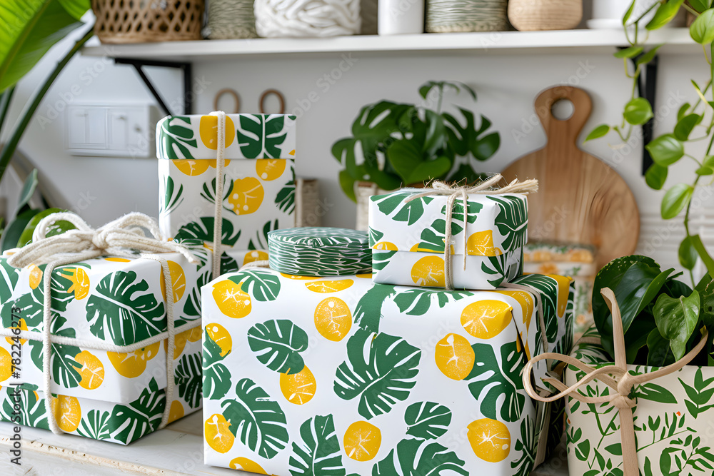 Poster a bunch of green and yellow presents are on a table. the presents are wrapped in green and yellow pa
