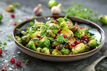 Yummy brussel sprouts salad in dish on table - Powered by Adobe