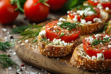 Yummy bruschetta with tomato feta dill and spice on wood board
