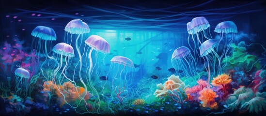Marine life painting with glowing jellyfish deep in ocean