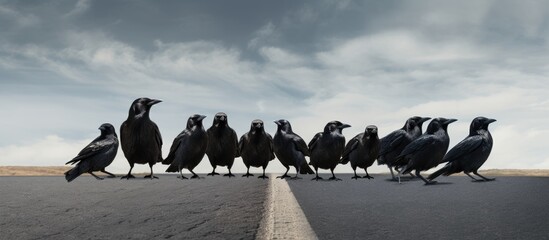 Naklejka premium Black birds gathered near roadside