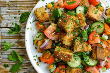 Yummy Fattoush salad with pita croutons veggies herbs on white plate easy and healthy recipe top view