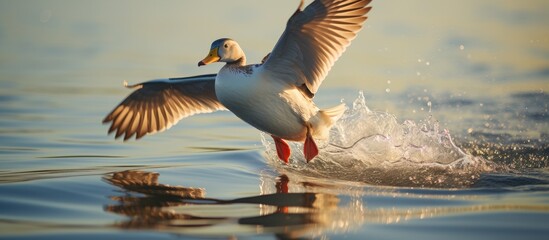 Duck gliding over water with wings outstretched - Powered by Adobe