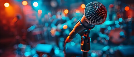 Live Band Ambience with Focused Microphone and Hazy Lights. Concept Live Band, Ambience, Focused Microphone, Hazy Lights - obrazy, fototapety, plakaty