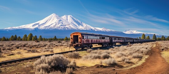 Train passes desert with distant mountain