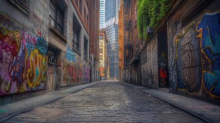 Fototapeta premium Amidst the towering skyscrapers of the bustling cityscape, a narrow alleyway winds its way through the urban jungle