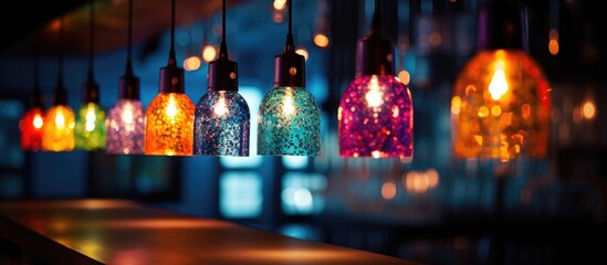 Colorful lights hanging above a bar counter