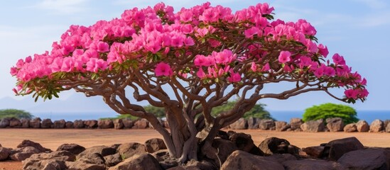 Close-up of tree with pink blooms in rocky terrain