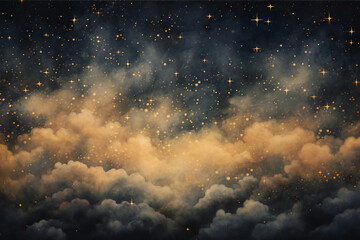 dark blue night sky with gold foil constellations, stars and watercolor clouds - obrazy, fototapety, plakaty